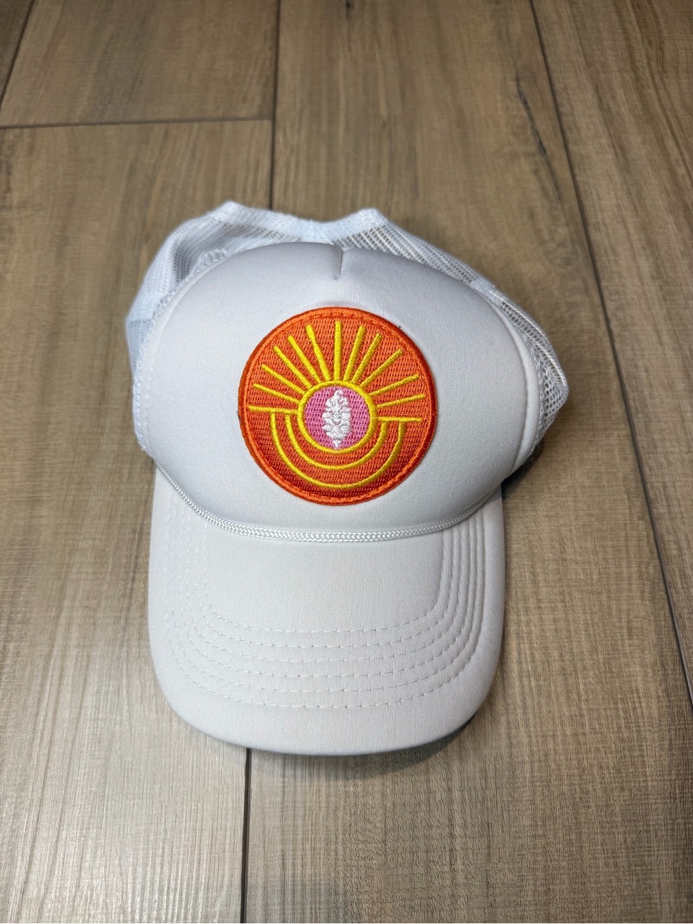 FP Movement by Free People White Trucker Hat with Orange & Yellow Sun Patch